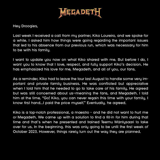 Official statement from Dave Mustaine and Megadeth